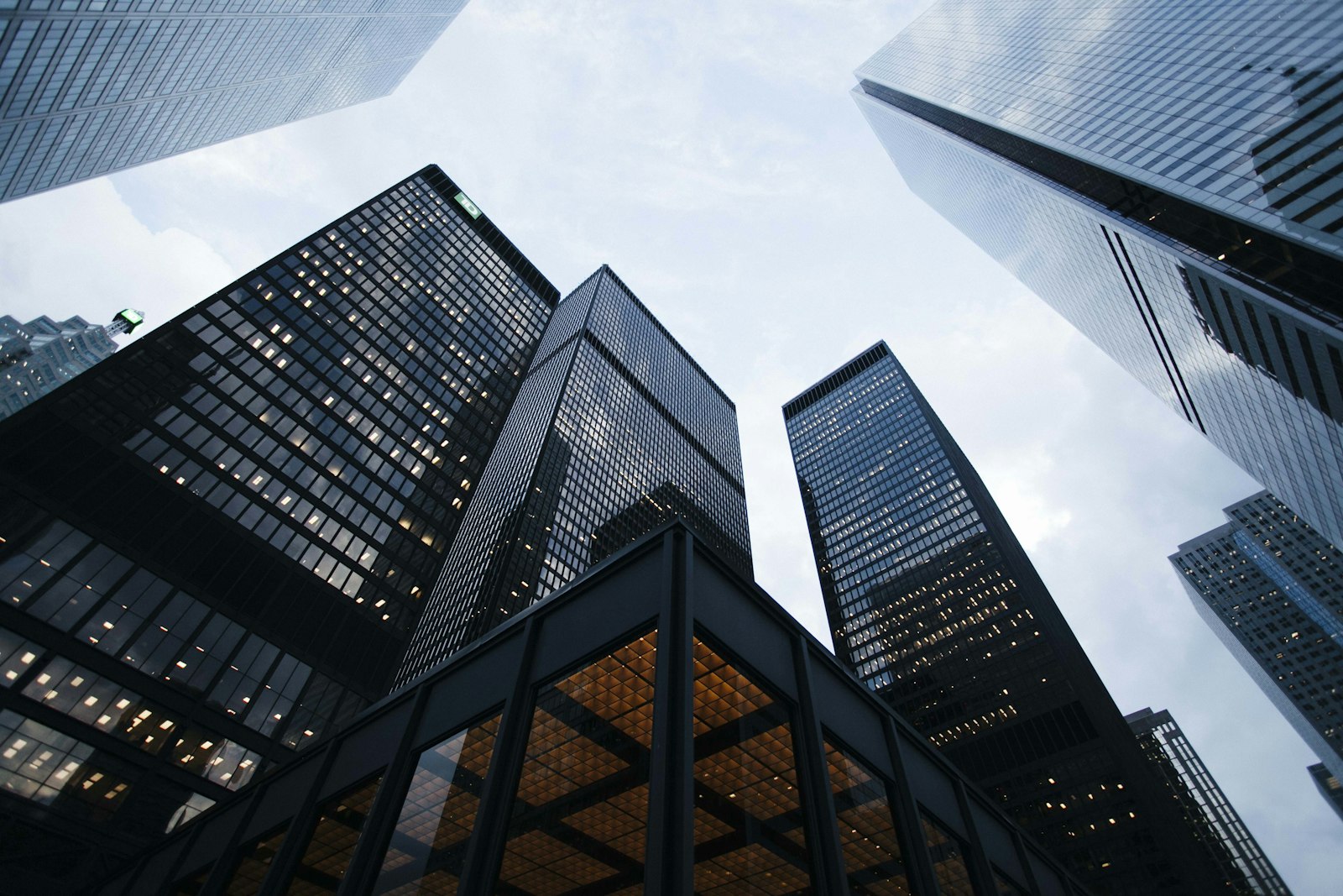 Glass office towers seen from below